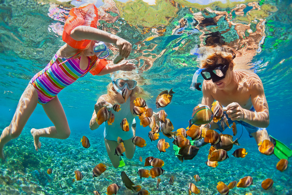 ein Mann zwei Kinder schnorcheln im Wasser